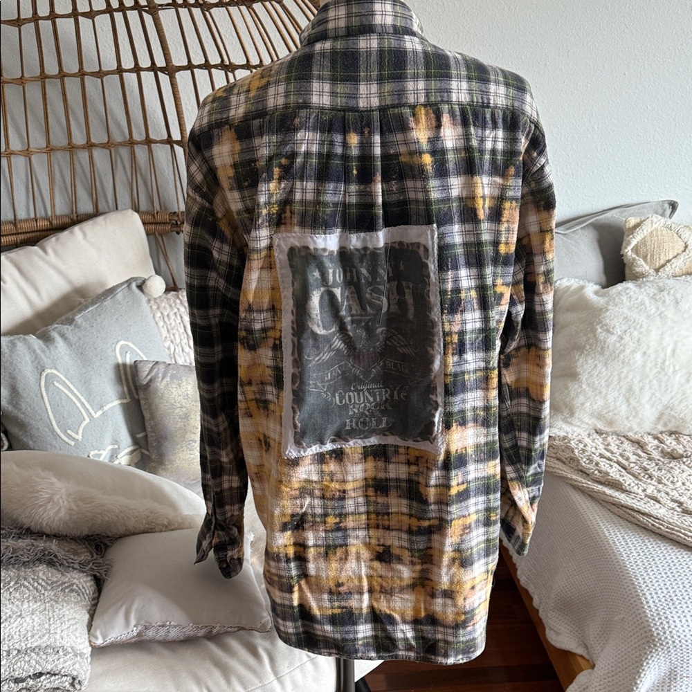 Plaid Flannel Shirt ( Bleach Accents) with Johnny Cash stitched Appliqué - Picture 4 of 8
